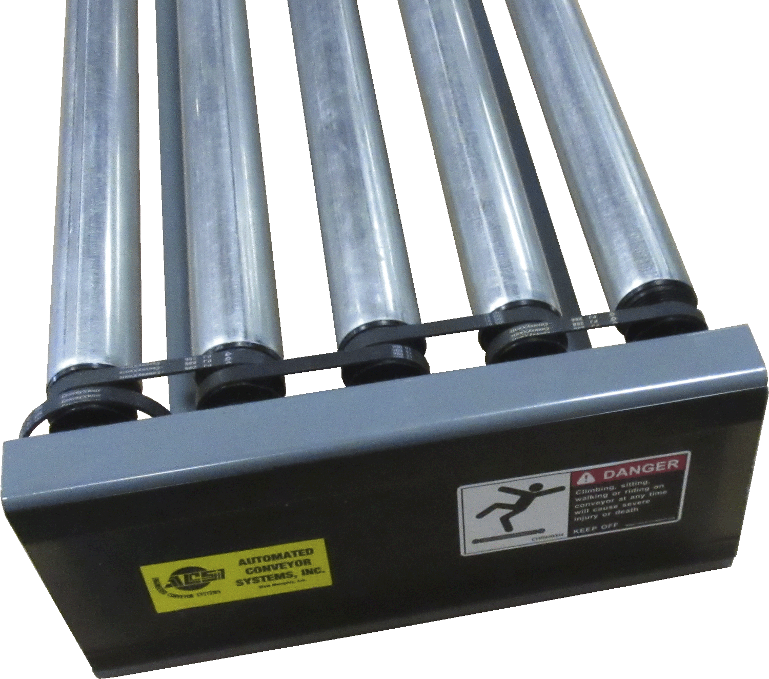 ACSI 190MRA Poly-V driven rollers — section view with guards removed showing Poly-V belt drive